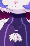 2:3 ambiguous_gender anthro blush blush_lines cel_shading chest_focus chest_tuft clothing cutout digital_media_(artwork) domestic_cat felid feline felis fluffy fluffy_chest fur hair hi_res mammal multicolored_hair pixel_(artwork) purple_clothing purple_hair purple_topwear selfish_(yonkagor) shaded smug smug_face solo topwear tuft vrilldozer white_body white_fur white_hair