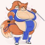 2026 5_fingers alternate_species anthro asian_clothing bellbites belly big_belly big_breasts black_nose bodily_fluids breasts canid canine claws cleavage clothed clothing dead_or_alive_(series) dipstick_tail east_asian_clothing eyelashes fat_arms fat_legs female fingers footwear fox fur furrification hair hi_res holding_melee_weapon holding_object holding_weapon huge_breasts kasumi_(doa) mammal markings melee_weapon motion_lines navel_outline obese obese_anthro obese_female orange_body orange_eyes orange_fur orange_hair overweight overweight_anthro overweight_female ponytail sandals scabbard shoes solo standing sweat sweatdrop tail tail_markings tan_body tan_fur wakizashi weapon