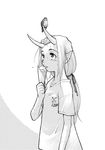  artist_request bird clothes_writing food futaba_channel greyscale hair_ribbon highres horns ice_cream licking long_hair looking_up monochrome pointy_ears ponytail ribbon shirt solo sparrow t-shirt 