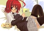  ahoge bed black_legwear book copyright_request glasses holding holding_book kanna_ryouto long_sleeves lying on_back open_book pince-nez reading red_hair short_hair solo thighhighs zettai_ryouiki 