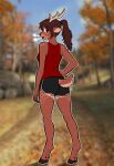3d_(artwork) 3d_background absurd_res anthro antlers athletic_wear black_lips black_nose blurred_background bottomwear breathing brown_body brown_fur brown_hair butt_peeking_out_of_shorts clothing deer dewclaw digital_drawing_(artwork) digital_media_(artwork) digitigrade dolphin_shorts fawn_spots female fur gym_bottomwear gym_shorts hair hand_on_hip hi_res hooves horn lips looking_at_viewer looking_back looking_back_at_viewer mammal markings mixed_media multicolored_body multicolored_fur new_world_deer open_mouth outline ponytail rear_view red_clothing red_eyes red_shirt red_tank_top red_topwear reindeer ruby_cedar shirt shorts snout solo sovetski standing tail tail_markings tank_top topwear white_outline