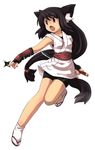  animal_ears black_hair copyright_request fang fox_ears long_hair ninja open_mouth red_eyes sakumo_(karatama) sandals simple_background solo white_background 