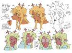 anthro antlers blonde_hair brown_body brown_fur buckteeth deer deltarune dialogue english_text female fur goomyloid hair hi_res horn lightner long_hair mammal model_sheet new_world_deer noelle_holiday reindeer sketch smile snout solo speech_bubble teeth text undertale_(series)