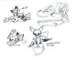 2012 anthro aural_(gauntletspirit) bite biting_another bone curled_tail dialogue duo eevee english_text eyewear fangs female_(lore) gauntletspirit generation_1_pokemon glasses kero-chu meowth neck_tuft nintendo on_top_of_another open_mouth pikachu pmd-explorers pokemon pokemon_(species) skull tail teeth text tuft