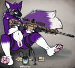 4_toes anthro belly bodily_fluids claws clothing escape_from_tarkov feet female fur genital_fluids genitals gloves gun handwear handwear_only hi_res holding_object holding_weapon kiki_(kikitheproto) knife machine mostly_nude mostly_nude_anthro mostly_nude_female navel pawpads paws protogen purple_body purple_fur purple_tail ranged_weapon rifle shadow simple_background sitting sniper_rifle solo tail toe_claws toes vaginal_fluids vizelius vulva weapon white_body white_fur white_tail