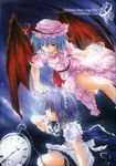  apron between_fingers blue_hair braid cover cover_page cuffs demon_wings doujin_cover dress english enu_kei flying hat highres injury izayoi_sakuya knife legs magic_circle maid maid_headdress mob_cap multiple_girls non-web_source pink_dress pink_hat pocket_watch profile rating remilia_scarlet short_hair silver_hair thigh_strap torn_clothes touhou waist_apron watch wings 