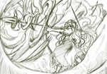  aiming arrow artist_request attack bow bow_(weapon) drawing_bow greyscale hat holding holding_arrow holding_bow_(weapon) holding_weapon long_hair long_sleeves monochrome nurse_cap outstretched_arm sketch solo touhou traditional_media very_long_hair weapon yagokoro_eirin 
