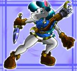 2005 anthro arrow_(weapon) black_hair blue_background blue_clothing blue_eyes blue_shirt blue_topwear boots bow_(weapon) clothing equid equine female footwear gloves hair handwear horse knife mammal princess_aura_(virus-20) ranged_weapon shirt shoes simple_background solo topwear virus-20 weapon white_body