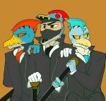 absurd_res anthro beak bird_wyvern black_clothing black_suit blue_body blue_crest blue_scales bone_frill brown_eyes cane capcom claws clothing crimsontyd dinosaur dress_suit dromaeosaurid fangs frill_(anatomy) giadrome gloves group handwear hi_res human male mammal mask monster_hunter multicolored_body prehistoric_species red_body red_crest red_eyes red_scales reptile saurischian scales scalie simple_background suit tan_body tan_scales tan_skin teeth theropod trio two_piece_suit undercover velociprey white_clothing white_gloves white_handwear yellow_beak yellow_eyes