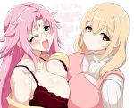  2girls arahabaki_nonko black_bra blonde_hair blush bra breast_press breasts cleavage collarbone drunk eyebrows_visible_through_hair glasses green_eyes huge_breasts long_hair looking_at_viewer multiple_girls off_shoulder one_eye_closed open_mouth pink_hair ribbed_sweater rimless_eyewear saliva smile sunohara_ayaka sunoharasou_no_kanrinin-san sweater symmetrical_docking tawashi1623 underwear upper_body yellow_eyes yuragisou_no_yuuna-san 