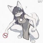 1:1 2026 4_toes 5_fingers accessory anthro arm_tuft artist_name asian_clothing bangs black_hair canid canine canis censored chinese_clothing chinese_dress cleavage_cutout clothing colored confusion crouching cutout dated detailed digital_drawing_(artwork) digital_media_(artwork) dress east_asian_clothing elbow_tuft eneki_sei eyebrows eyelashes eyewear facial_tuft feet female female_anthro fingers fluffy fluffy_tail full-length_portrait fur glasses hair hair_accessory hi_res inner_ear_fluff long_hair mammal no_smoking portrait shaded side_bangs simple_background smoke smoking solo tail text toes tuft wearing_glasses white_background white_body white_fur wolf