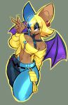 2025 5_fingers abs absurd_res anthro artist_name back_wings bangs bare_shoulders bat big_breasts big_ears black_bottomwear black_clothing black_eyeshadow black_nose black_pants black_straps blonde_hair blue_bottomwear blue_clothing blue_hair blue_pants bottomwear breasts brown_body brown_inner_ear brown_skin canari_(pokemon) clothing colored_nails cosplay dark_body dark_skin ear_piercing ear_ring eyelashes eyelashes_through_hair eyeliner eyeshadow female fingernails fingers gesture glistening glistening_breasts green_background green_eyes hair hand_gesture hi_res humanoid_hands jacket jamoart looking_at_viewer makeup mammal membrane_(anatomy) membranous_wings midriff multicolored_bottomwear multicolored_clothing multicolored_hair nails navel nintendo open_mouth open_smile outline pants piercing pokemon pokemon_legends_z-a purple_eyeliner purple_wings red_ear_ring ring_piercing rouge_the_bat sega simple_background smile solo sonic_the_hedgehog_(series) split_color_hair tan_body tan_inner_ear tan_skin teal_bottomwear teal_clothing teal_eyeshadow teal_pants teal_straps text topwear translucent translucent_hair two_tone_bottomwear two_tone_clothing two_tone_hair two_tone_pants v_sign wings yellow_clothing yellow_fingernails yellow_jacket_(clothing) yellow_nails yellow_outline yellow_topwear zipper