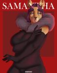 anthro armwear bangs belly big_breasts blue_eyes breasts brown_body brown_fur clothed clothing cover digital_media_(artwork) dress elbow_gloves eyebrows eyelashes fashion female fur gloves grandpaman hair handwear hi_res kangaroo macropod magazine magazine_cover mamma mammal marsupial overweight overweight_anthro overweight_female purple_hair samantha_(churroz) simple_background smile solo text