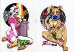 alientiamat anthro areola avian avian_feet bird blood bodily_fluids breasts butt chicken clothing condom condom_in_mouth delivery_(commerce) duo eating eating_food female five_nights_at_freddy's five_nights_at_freddy's:_security_breach food food_delivery fur galliform glamrock_chica kneeling knife lagomorph leporid looking_at_viewer mammal mouth_hold nipples object_in_mouth phasianid pink_clothing pink_outfit pizza pizza_delivery rabbit scottgames sexual_barrier_device steel_wool_studios trash_can vanny_(fnaf) white_body white_fur