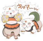 1_horn 2026 anoko_(chiikawa) blush blush_stickers brown_body brown_eyes brown_fur cel_shading cheek_tuft cheerleader_outfit chest_tuft chiikawa chimera chimera_(chiikawa) claws clothed clothed_feral clothing digital_drawing_(artwork) digital_media_(artwork) facial_tuft featureless_crotch female female_feral feral floppy_ears forehead_horn front_view fur fur_tuft hi_res horn looking_at_viewer lying midriff multicolored_body multicolored_fur navel on_hind_legs open_mouth open_smile orange_horn pointy_speech_bubble pom_poms quadruped raised_tail scales scaly_tail shaded sharp_teeth simple_background smile solo speech_bubble spiral spiral_eyes tail tail_motion tailwag teeth toe_claws tuft two_tone_body two_tone_fur white_background white_body white_fur zakopuni
