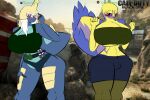 activision anthro big_breasts blue_body blush bottomwear breasts call_of_duty call_of_duty:_black_ops_ii clothing duo english_text female galvantula generation_5_pokemon hair huge_breasts nintendo pokemon pokemon_(species) red_eyes riku9797 samurott shorts text topwear underwear weapon white_hair yellow_body