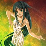  aizawa_kotarou collarbone dress duplicate green_eyes green_hair long_hair looking_at_viewer lowres outstretched_arms pose ribbon saya saya_no_uta smile solo spread_arms strap_slip sundress very_long_hair 