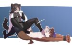 anthro bdsm blush bodily_fluids bodysuit bondage bound clothing coat cum domestic_ferret duo ejaculation feet felix_lockhart foot_fetish foot_lick foot_play footjob genital_fluids headgear headwear hi_res howsplendid humanoid_feet laugh legwear licking lying male mammal mink mustelid musteline plantigrade rene_sinclair sex skinsuit smile smirk stirrup_footjob stockings tight_clothing tongue topwear true_musteline weasel worshipping_feet