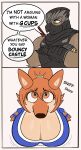 2026 alternate_species asian_clothing avian beak bellbites big_breasts bird black_nose breasts canid canine cleavage close-up clothed clothing comic crossed_arms dead_or_alive_(series) dialogue duo east_asian_clothing english_text falcon falconid female fox fur furrification green_eyes hair hi_res huge_breasts humor kasumi_(doa) male mammal motion_lines orange_body orange_eyes orange_fur orange_hair ponytail ryu_hayabusa sad simple_background sniffling text white_background