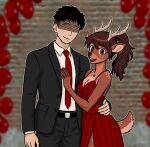 3d_(artwork) 3d_background accessory anthro antler_jewelry antlers black_hair black_nose breasts brown_body brown_fur brown_hair chest_tuft cleavage clothed clothing colored_nails deer digital_drawing_(artwork) digital_media_(artwork) dress duo ear_piercing ear_ring fawn_spots female fingernails fur griffin_holloway hair hand_on_chest hand_on_hip hi_res hidden_eyes horn human human_on_anthro interspecies jewelry looking_at_viewer male male/female mammal mixed_media multicolored_body multicolored_fur nails necklace necktie new_world_deer piercing ponytail posing_for_picture raised_tail red_clothing red_dress red_eyes red_fingernails red_nails red_necktie reindeer ring_piercing ruby_cedar shadow_face smile sovetski story story_in_description suit tail tuft