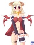  artist_request black_panties blonde_hair blush collar demon_girl demon_horns demon_wings detached_sleeves frills garters horns long_sleeves lowleg lowleg_panties navel_piercing padlocked_collar panties panty_pull piercing ragnarok_online red_eyes solo succubus_(ragnarok_online) tattoo underwear white_panties wings 