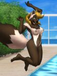 2023 3:4 5_fingers 5_toes absurd_res anthro barely_visible_genitalia barely_visible_vulva blonde_hair breasts brown_body brown_eyes brown_fur claws digital_media_(artwork) feet female fingers fluffy fluffy_tail fur genitals gulonine hair happy hi_res hindpaw humanoid_hands jumping long_tail mammal mel_(mykegreywolf) midair mustelid musteline mykegreywolf navel neck_tuft nipples nude nude_anthro nude_female paws plantigrade short_hair smile solo swimming_pool tail tan_body tan_fur teeth toe_claws toes tuft vulva water wolverine