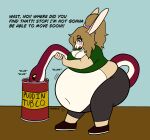 anthro barrel belly big_belly big_butt blonde_hair blue_eyes blush breasts butt clothing dessert digital_media_(artwork) english_text female food fur governorstuffin green_clothing green_shirt green_topwear hair hi_res inflation lagomorph leggings legwear leporid living_tail mammal maroon_scales open_mouth pink_scrunchie pudding rabbit reptile rumbling_stomach scalie shirt snake solo standing stuffing tail tan_body tan_fur text topwear unusual_anatomy unusual_tail weight_gain white_body white_fur yellow_sclera