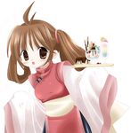  artist_request blush brown_eyes brown_hair chinese_clothes copyright_request food ice_cream long_sleeves solo tray twintails waitress 