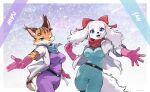 2026 accessory anthro belt bird_dog blue_eyes bow_ribbon breasts canid canine canis centered_hair_bow clothing domestic_dog duo ear_piercing ear_ring eyebrows eyelashes fay_(star_fox) felid feline female fur gloves hair_accessory hair_bow hair_ribbon handwear hi_res hunting_dog inner_ear_fluff jacket kemono kerchief looking_at_viewer lynx mammal markings miyu_(star_fox) namagakiokami neckerchief neckwear nintendo one_eye_closed open_mouth open_smile piercing ribbons ring_piercing smile spaniel spots spotted_body spotted_fur star_fox tan_body tan_fur topwear tuft white_body white_fur wink
