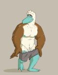 2026 anthro areola arm_hair avian biped bird blue-footed_booby blue_areola blue_face blue_feet blue_legs blue_nipples blue_penis body_hair booby_(bird) bottomwear bottomwear_down brown_arms brown_body brown_feathers bulge clothed clothing doug_(nardodraws) eyebrows feathers feet flaccid genitals hair half-closed_eyes hi_res leg_hair looking_at_viewer male male_anthro nardodraws narrowed_eyes navel nipples partially_clothed penis pubes raised_eyebrows shorts shorts_down signature simple_background smile smiling_at_viewer solo standing sulid suliform undressing white_body white_feathers white_hair