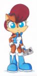 annoyed anthro auburn_hair azumiangel blue_eyes boots breast_squish breasts chipmunk clothed clothing computer crossed_arms electronics facial_tuft featureless_breasts female footwear frown ground_squirrel hair hi_res leotard looking_at_viewer mammal nicole_(computer) no_pupils on_model on_style open_clothing open_topwear open_vest pointy_ears prick_ears rodent sally_acorn sciurid scut_tail sega shoes short_tail small_breasts solo sonic_the_hedgehog_(satam) sonic_the_hedgehog_(series) squish tail topwear tuft vest