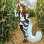1:1 absurd_res ambiguous_gender anthro asymmetrical_eyes belly_nipples bite biting_lip blue_body blue_fur boots bottomwear bra braided_hair braided_pigtails brown_hair clothed clothing coke_aine(cqkey.art) corn cqkey.art denim denim_bottomwear denim_clothing denim_shorts ears_back facial_piercing felid feline food footwear fur hair heterochromia hi_res holding_food holding_object legwear mammal mixed_media multiple_piercings navel navel_piercing pattern_clothing pattern_legwear pattern_topwear photo_background photography_(artwork) piercing pivoted_ears plaid plaid_clothing plaid_topwear plant shoes shorts socks standing striped_clothing striped_legwear stripes suggestive suggestive_expression suggestive_food topwear underwear