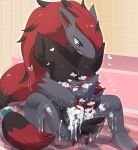 2026 3_claws ambiguous_feral ambiguous_gender anthro bathing bathroom bathtub big_breasts biped black_body black_fur black_highlights blush blush_lines breasts claw_fingers claws detailed_background digital_drawing_(artwork) digital_media_(artwork) duo evolutionary_family eye_contact feet female female/ambiguous female_anthro feral floor fur generation_5_pokemon glistening glistening_eyes grey_body hair heart_symbol hi_res highlights_(coloring) holding_another inside larger_anthro larger_female lets0020 long_hair looking_at_another male_(lore) nintendo nude nude_anthro nude_female on_ground open_mouth pokemon pokemon_(species) pupils quadruped red_hair red_inner_ear shaded sitting size_difference slit_pupils smaller_ambiguous smaller_feral snout spread_legs spreading suds tail teal_eyes wall_(structure) water wet zoroark zorua