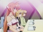  2girls animal_ears arf blonde_hair breasts familiar fate_testarossa forehead_jewel long_hair lyrical_nanoha magical_girl mahou_shoujo_lyrical_nanoha medium_breasts multiple_girls navel orange_hair screencap short_hair tail twintails wolf_ears wolf_tail yuuno_scrya 