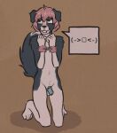 anthro bdsm blush border border_collie canid canine canis chastity_device chastity_device_only collie cuff_(restraint) dogsmoker domestic_dog emoticon hair handcuffs herding_dog kneeling male mammal metal_cuffs nude nude_anthro pastoral_dog pink_hair restraints sheepdog shy sitting solo wearing_chastity_device