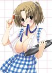  apron breasts brown_eyes brown_hair copyright_request hair_ornament hairclip huge_breasts koubeya_uniform mechanical_pencil mouth_hold nakajima_yuka open_clothes open_shirt pencil plaid plaid_apron shirt short_hair solo tray waitress 