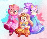6:5 absurd_res amy_rose anthro blaze_the_cat chao_(sonic) cheese_the_chao clothing cosplay cream_the_rabbit crossover crossover_cosplay domestic_cat dress english_text eulipotyphlan felid feline felis female fur green_eyes group hedgehog hi_res lagomorph leporid long_ears mammal mario_bros multicolored_body multicolored_fur nintendo one_eye_closed orange_body orange_eyes orange_fur pink_body pink_fur princess_daisy princess_peach purple_body purple_fur rabbit rosalina_(mario) sega sonic_the_hedgehog_(series) spacepancakes super_mario_galaxy tail tan_body tan_fur text trio two_tone_body two_tone_fur yellow_eyes