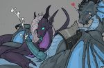 armor blush bodily_fluids dragon duo ear_piercing ejaculation female feral feral_on_feral frill_(anatomy) frill_piercing furgonomic_piercing furgonomics genital_fluids genitals hair handjob horn humanoid_genitalia humanoid_penis male male/female mythological_creature mythological_scalie mythology o.f penile penis piercing scalie sex simple_background tongue tongue_out wings