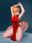 anthro asian_clothing big_tail blonde_hair chinese_clothing chinese_dress clothing crown dinosaur dress drqube ear_piercing ear_ring east_asian_clothing eyes_closed eyewear female glasses goodbye_volcano_high hadrosaurid hair headgear hi_res kneeling ko_op_(game_developer) naomi_(gvh) ornithischian ornithopod parasaurolophus piercing pink_body prehistoric_species reptile ring_piercing scalie solo tail tiara