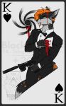 angry anthro black_tie_(suit) blackwolf275 blood blood_from_mouth blood_in_mouth bodily_fluids bow_tie canid canine card clothing fox gun gunshot gunshot_wound hi_res male mammal playing_card ranged_weapon red_fox riley_collins_(asrielth3f0x) silencer solo suit true_fox weapon
