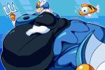 2026 3:2 aquatic armor belly big_belly blue_background capcom female fish headgear helmet huge_belly humanoid_merfolk mega_man_(series) megaman_(classic) melee_weapon merfolk overweight polearm shweetmagnet simple_background solo splash_woman split_form trident underwater water weapon