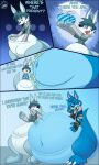 2023 absurd_res anthro belly big_belly blue_background blue_body blue_border blue_fur border clothing comic dialogue drew_(dragovian15) duo els3d english_text fur gift hi_res huge_belly inside kangaroo macropod male mammal marsupial overweight sed_(els3d) shirt simple_background tail text topwear
