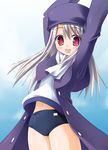  arms_up blue_background buruma fate/stay_night fate_(series) gym_uniform hat illyasviel_von_einzbern kouzuki_hajime long_coat long_hair long_sleeves navel purple_hat red_eyes silver_hair solo 