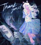 ambiguous_gender anthro antlers blonde_hair bottomwear brown_body brown_fur buckteeth cellphone clothed clothing cloven_hooves deer deltarune duo electronics english_text exclamation_point female fully_clothed fur goomyloid hair hi_res holding_object holding_phone hooves horn human kris_dreemurr lightner long_hair mammal new_world_deer noelle_holiday phone reindeer shirt skirt smartphone smile teeth text topwear undertale_(series)