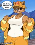 anthro armor big_breasts biped black_eyes bodily_fluids breasts brown_body brown_fur brown_hair clothing evita_fuegos felid feline feline_ears female firefighter fur furgonomic_headwear furgonomic_helmet furgonomics hair hat headgear headwear helmet hoodie hybrid joeyfur31 lion mammal orange_clothing pantherine pink_nose shirt solo sweat thick_thighs topwear white_clothing white_shirt white_topwear wide_hips