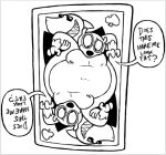 anthro aquatic arms_held belly big_belly black_eyes black_eyewear black_glasses canid canine card conjoined dialogue duo english_text eyebrows eyewear fish fur glasses held_from_behind held_up huge_belly looking_at_self looking_down male mammal monochrome navel obese overweight playing_card queen_conjoinment raccoon_dog raised_eyebrow rubberskunktoo shark sharp_teeth speech_bubble sunglasses tanuki tanuki_leaf teeth text toony wearing_glasses