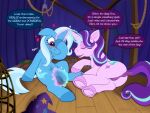 4:3 animal_genitalia animal_penis animal_vulva anus balls blue_body blush card creature_sp crotch_breasts cutie_mark detailed_background dialogue dock_(anatomy) duo english_text equid equine equine_anus equine_genitalia equine_penis equine_vulva eyeliner eyes_closed female feral friendship_is_magic genitals gynomorph gynomorph/female hasbro heart_symbol hi_res hoof_on_leg hooves horn horns_touching horse intersex intersex/female lying magic makeup mammal mascara my_little_pony mythological_creature mythological_equine mythology on_side open_mouth penis playing_card pony puffy_anus purple_body rope sitting sitting_on_ground smile sparkles speech_bubble starlight_glimmer_(mlp) tail teats text toony trixie_(mlp) unicorn unicorn_horn vulva