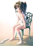  barefoot breasts brown_hair chair copyright_request feet goto_p grey_eyes hair_ribbon jpeg_artifacts lingerie nipples ribbon single_sock sitting small_breasts sock_pull socks solo strap_slip twintails underwear wooden_floor 