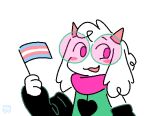 ambiguous_gender anthro arm_warmers armwear black_arm_warmers black_armwear black_clothing black_heart blush bovid caprine clothing darkner deltarune eyebrows eyewear flag flag_(object) floppy_ears glasses goat green_clothing green_eyewear green_glasses green_robe happy head_tuft hi_res holding_flag holding_object holding_pride_flag horn lgbt_pride looking_aside mammal open_mouth pink_eyes pink_horn pink_mouth pink_scarf pride_colors ralsei robe scarf simple_background solo tinted_glasses trans_(lore) transgender_pride_colors tuft undertale_(series) vertexxx watermark white_background white_body white_ears white_hands