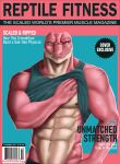 abs biceps blue_eyes clothed clothing clothing_lift cover crocodile crocodilian digital_media_(artwork) english_text grandpaman hi_res looking_at_viewer magazine magazine_cover male model_sheet muscular muscular_male nipples pink_body reptile scales scalie simple_background solo teeth text